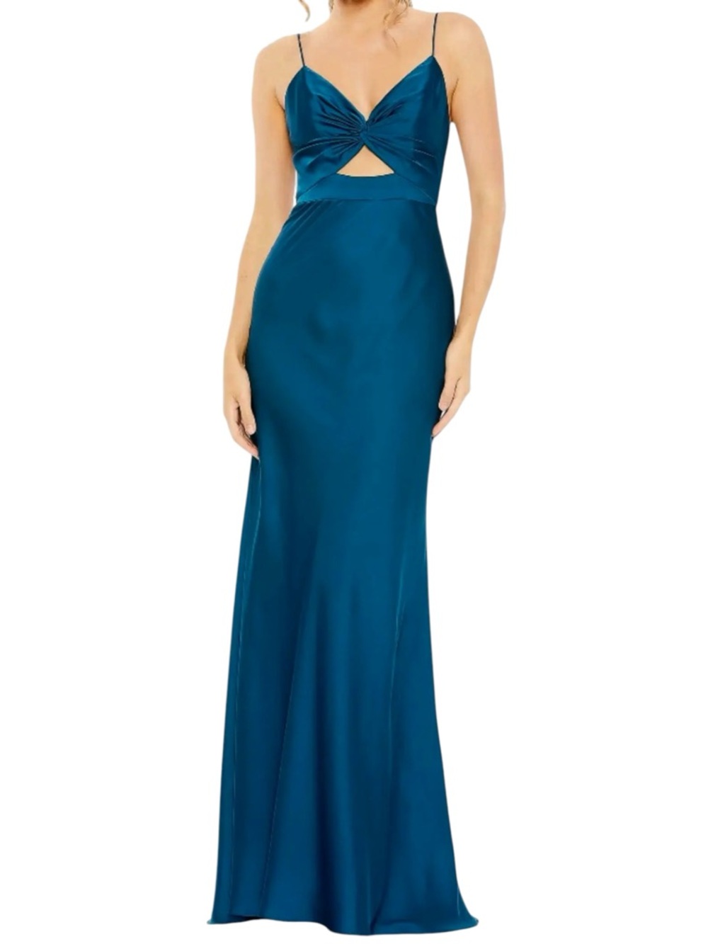Ieena For Mac Duggal Ocean Blue Charmeuse Tie Front Keyhole Gown NWT